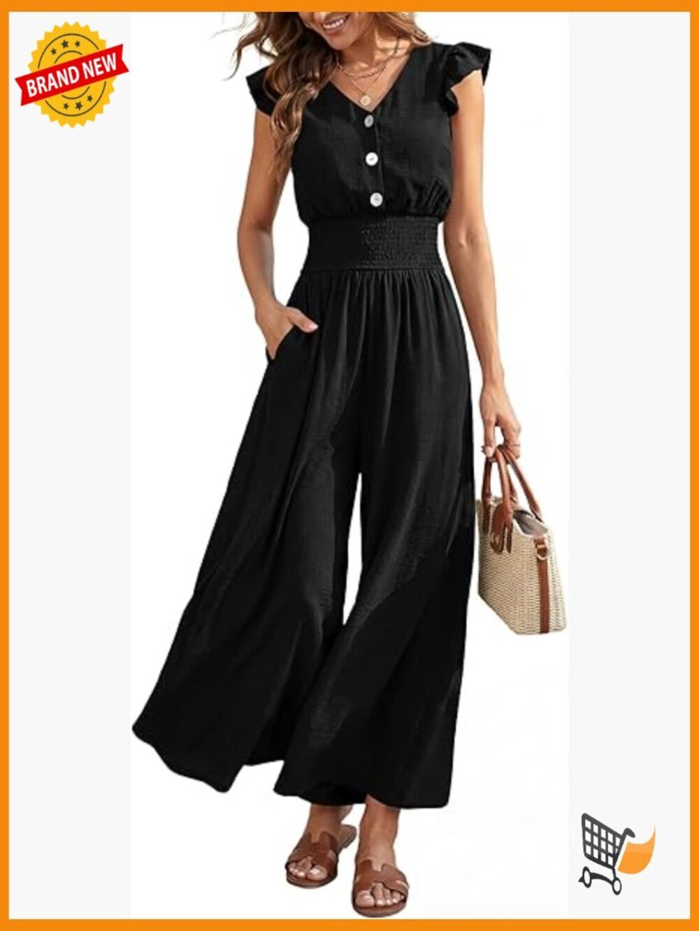 Ruffle Cap Sleeve V Neck Smocked Waist Wide Leg Jumpsuit Romper